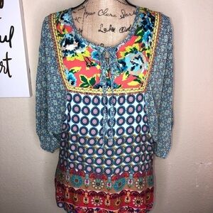 Ivy Jane Embroidery Boho Style Multi Colored Tunic Flowy Fit Size Small